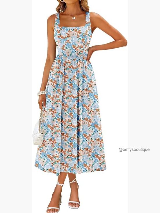 Dresses & Skirts - Midi Dress Square Neck Tank Sleeveless A Line Summer Dress with Pockets